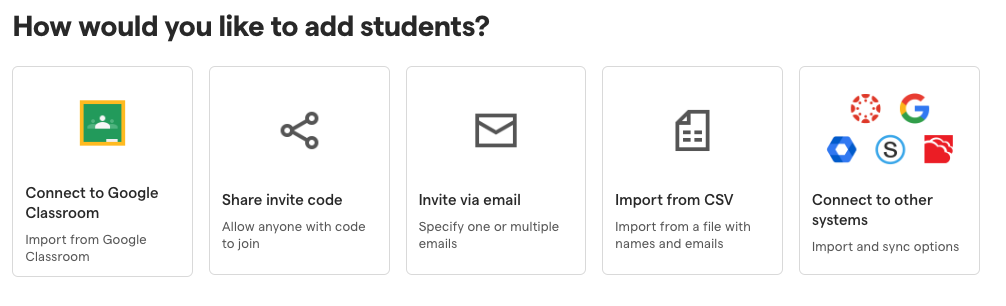 A screenshot of Soundtrap of multiple rostering options and the title "How would you like to add students"